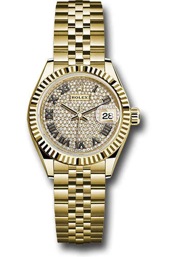 Dressy Watches for Evening EventsRolex Yellow Gold Lady-Datejust 28 Watch - Fluted Bezel - Diamond Paved Roman Dial - Jubilee Bracelet - 279178 dprj