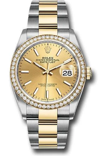 Casual Watches for Weekend OutingsRolex Steel and Yellow Gold Rolesor Datejust 36 Watch - Diamond Bezel - Champagne Index Dial - Oyster Bracelet - 126283RBR chio