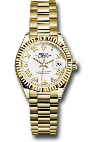 Military Style Watches with Luminescent HandsRolex Yellow Gold Lady-Datejust 28 Watch - Fluted Bezel - White Roman Dial - President Bracelet - 279178 wrp