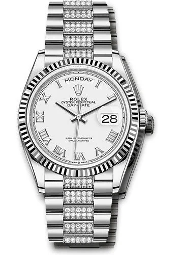 Watches with Multiple Time Zone DisplaysRolex White Gold Day-Date 36 Watch - Fluted Bezel - White Roman Dial - Diamond President Bracelet - 128239 wrdp