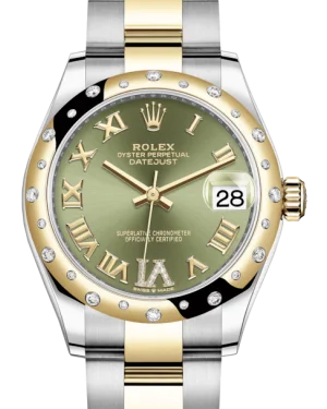 Minimalist Analog Watches for Everyday WearRolex Lady-Datejust 31 Yellow Gold/Steel Olive Green Roman Diamond VI Dial & Domed Set with Diamonds Bezel Oyster Bracelet 278343RBR