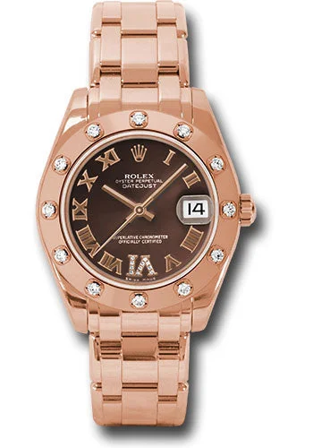 Watches with Backlight for Low-Light ConditionsRolex Everose Gold Datejust Pearlmaster 34 Watch - 12 Diamond Bezel - Chocolate Roman Dial - 81315 chodr