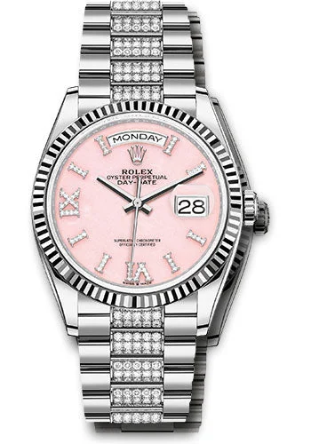 Stainless Steel Bracelet Watches for DurabilityRolex White Gold Day-Date 36 Watch - Fluted Bezel - Pink Opal Diamond Index Roman 9 Dial - Diamond President Bracelet - 128239 podidrdp