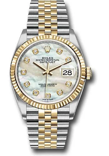 Square Dial Watches with Modern DesignRolex Steel and Yellow Gold Rolesor Datejust 36 Watch - Fluted Bezel - White Mother-Of-Pearl Diamond Dial - Jubilee Bracelet - 126233 mdj