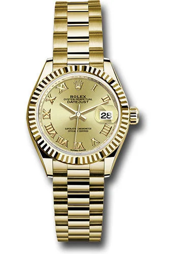 Vintage Style Mechanical Watches for CollectorsRolex Yellow Gold Lady-Datejust 28 Watch - Fluted Bezel - Champagne Roman Dial - President Bracelet - 279178 chrp