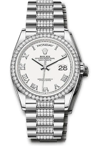 Luxury Quartz Watches with High-End MovementsRolex White Gold Day-Date 36 Watch - Diamond Bezel - White Roman Dial - Diamond President Bracelet - 128349rbr wrdp