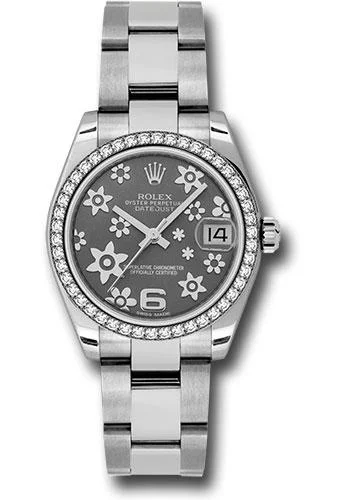 Round Dial Watches with Roman NumeralsRolex Steel and White Gold Datejust 31 Watch - 46 Diamond Bezel - Dark Rhodium Floral Motif Arabic 6 Dial - Oyster Bracelet - 178384 rfo