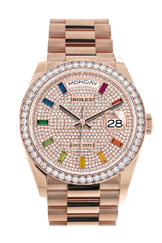 Men’s Dress Watches with Slim ProfilesRolex Day-Date 36 Everose Diamond Bezel  Diamond Paved Rainbow Sapphire Dial President Bracelet Watch 128345RBR