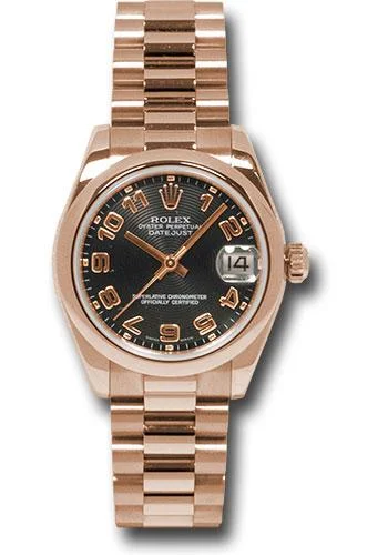 Designer Brand Watches with Unique Dial PatternsRolex Pink Gold Datejust 31 Watch - Domed Bezel - Black Arabic Dial - President Bracelet - 178245 bkap