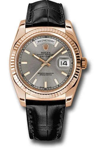 Hybrid Smartwatches with Traditional Watch AestheticsRolex Everose Gold Day-Date 36 Watch - Fluted Bezel - Rhodium Index Dial - Black Leather - 118135 rhl