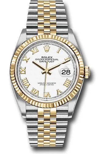 Military Style Watches with Luminescent HandsRolex Steel and Yellow Gold Rolesor Datejust 36 Watch - Fluted Bezel - White Roman Dial - Jubilee Bracelet - 126233 wrj