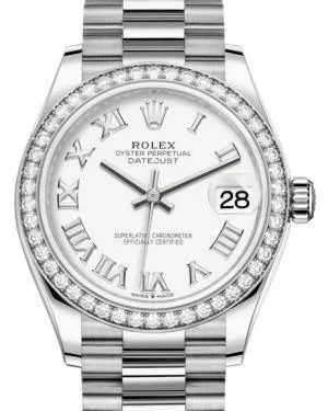 Wristwatches with Second Time Zone FeatureRolex Datejust 31MM Lady Midsize White Gold White Roman Dial & Diamond Bezel President Bracelet 278289RBR - NEW