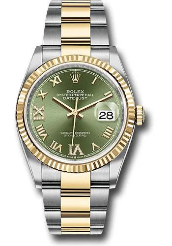 Watches with Rubber Straps for Comfort and DurabilityRolex Steel and Yellow Gold Rolesor Datejust 36 Watch - Fluted Bezel - Olive Green Roman Dial - Oyster Bracelet - 126233 ogdr69o