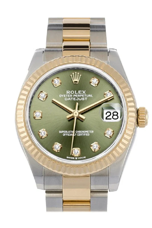 Round Dial Watches with Roman NumeralsRolex Datejust 31 Olive Green Diamond Dial Fluted Bezel 18K Yellow Gold Two Tone Watch 278273 NP