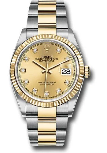 Leather Cuff Watches for a Bohemian LookRolex Steel and Yellow Gold Rolesor Datejust 36 Watch - Fluted Bezel - Champagne Diamond Dial - Oyster Bracelet - 126233 chdo