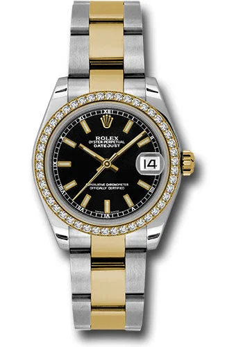 Square Dial Watches with Modern DesignRolex Steel and Yellow Gold Datejust 31 Watch - 46 Diamond Bezel - Black Index Dial - Oyster Bracelet 178383 bkio