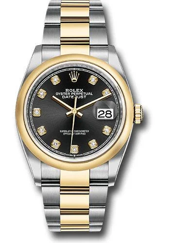 Wristwatches with Second Time Zone FeatureRolex Steel and Yellow Gold Rolesor Datejust 36 Watch - Domed Bezel - Black Diamond Dial - Oyster Bracelet - 126203 bkdo