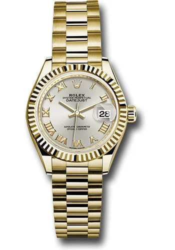 Classic Style Watches for Timeless AppealRolex Yellow Gold Lady-Datejust 28 Watch - Fluted Bezel - Silver Roman Dial - President Bracelet - 279178 srp