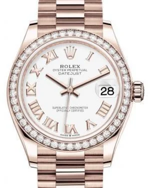 Adjustable Strap Watches for Perfect FitRolex Datejust 31MM Lady Midsize Rose Gold White Roman Dial & Diamond Bezel President Bracelet 278285RBR - NEW