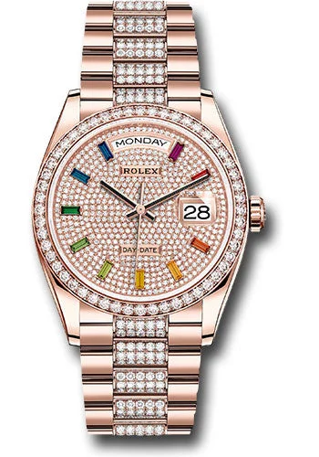 Luxury Brand Automatic Watches for MenRolex Everose Gold Day-Date 36 Watch - Diamond Bezel - Diamond-Paved Rainbow Sapphire Dial - Diamond President Bracelet - 128345RBR dprsdp