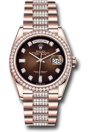 Watches with Rose Gold Plated Cases for a Feminine TouchRolex Everose Gold Day-Date 36 Watch - Diamond Bezel - Brown OmbrŽ Diamond Dial - Diamond President Bracelet - 128345rbr broddp