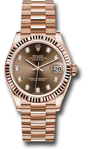 Watches with Glossy Finish Cases for a Shiny AppealRolex Everose Gold Datejust 31 Watch - Fluted Bezel - Chocolate Diamond Dial - President Bracelet 278275 chodp