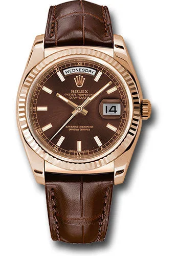 Watches with Braided Straps for a Handmade TouchRolex Everose Gold Day-Date 36 Watch - Fluted Bezel - Chocolate Index Dial - Brown Leather - 118135 chl