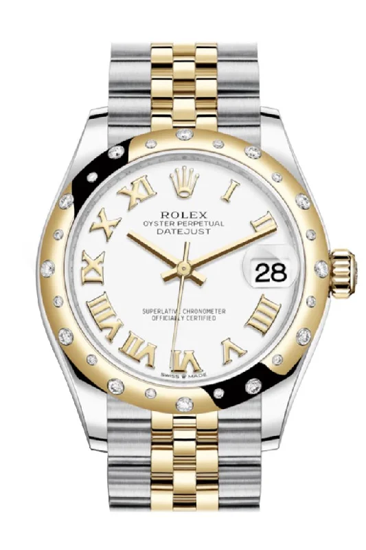 Watches with Glossy Finish Cases for a Shiny AppealRolex Datejust 31 White Roman Dial Diamond Bezel Jubilee Yellow Gold Two Tone Watch 278343RBR 278343 NP