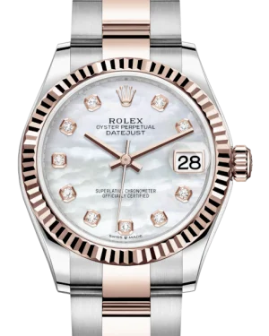 Alloy Cased Watches for Affordable QualityRolex Lady-Datejust 31 Rose Gold/Steel White Mother of Pearl Diamond Dial & Fluted Bezel Oyster Bracelet 278271