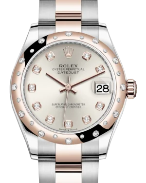 Ceramic Cased Watches with Mother-of-Pearl DialsRolex Lady-Datejust 31 Rose Gold/Steel Silver Diamond Dial & Domed Set with Diamonds Bezel Oyster Bracelet 278341RBR