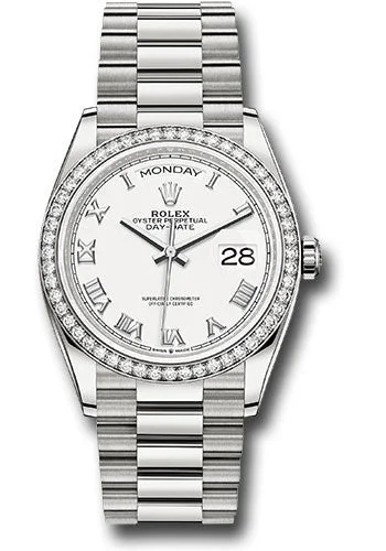 Watches with Dauphine-Style Hands for an Elegant LookRolex White Gold Day-Date 36 Watch - Diamond Bezel - White Roman Dial - President Bracelet - 128349rbr wrp