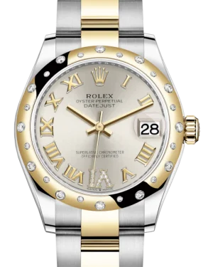 Watches with Stainless Steel PVD Coating for Scratch ResistanceRolex Lady-Datejust 31 Yellow Gold/Steel Silver Roman Diamond VI Dial & Domed Set with Diamonds Bezel Oyster Bracelet 278343RBR