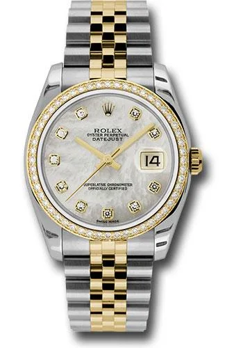 Stainless Steel Dress Watches for BusinessmenRolex Steel and Yellow Gold Rolesor Datejust 36 Watch - 52 Brilliant-Cut Diamond Bezel - Mother-Of-Pearl Diamond Dial - Jubilee Bracelet - 116243 mdj