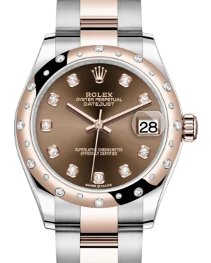 Mechanical Watches with Hand-Winding MechanismRolex Lady-Datejust 31 Rose Gold/Steel Chocolate Diamond Dial & Domed Set with Diamonds Bezel Oyster Bracelet 278341RBR