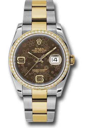 Designer Brand Watches with Unique Dial PatternsRolex Steel and Yellow Gold Rolesor Datejust 36 Watch - 52 Diamond Bezel - Brown Floral Arabic Dial - Oyster Bracelet - 116243  brfao