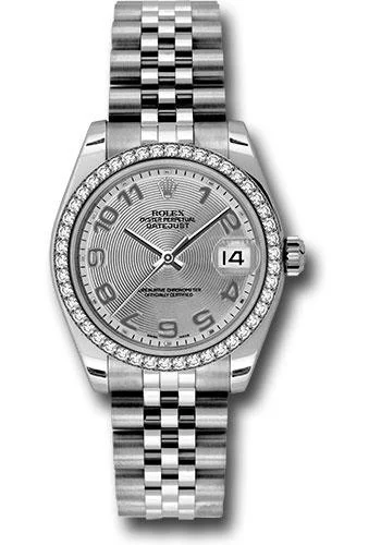 Watches with Backlight for Low-Light ConditionsRolex Steel and White Gold Datejust 31 Watch - 46 Diamond Bezel - Silver Concentric Circle Arabic Dial - Jubilee Bracelet - 178384 scaj