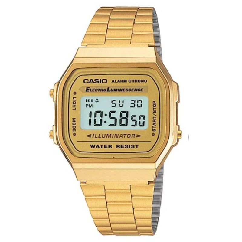 Watches with Multiple Time Zone DisplaysCasio Retro Gold Steel Digital Dial Unisex Watch - A168WG-9W