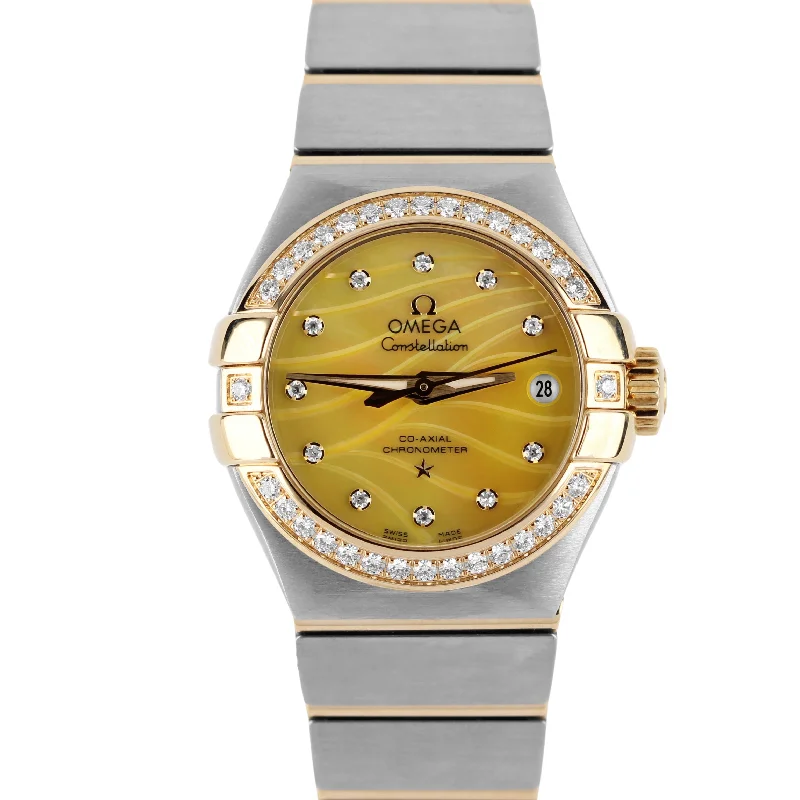 Stainless Steel Dress Watches for BusinessmenOmega Constellation PAPERS 18k Gold DIAMOND Yellow MOP 27mm 123.25.27.20.57.002