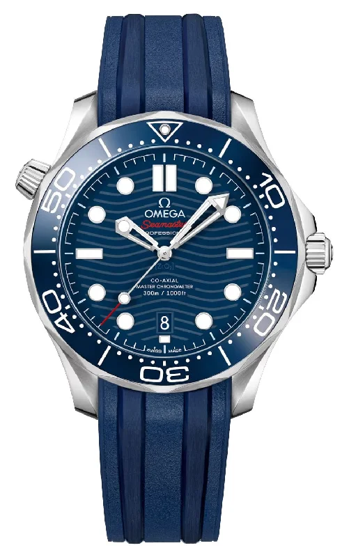 Wristwatches with Second Time Zone FeatureOmega Seamaster Diver 300M Automatic Chronometer Stainless Steel Blue Dial Blue Rubber Strap Date Mens Watch 210.32.42.20.03.001