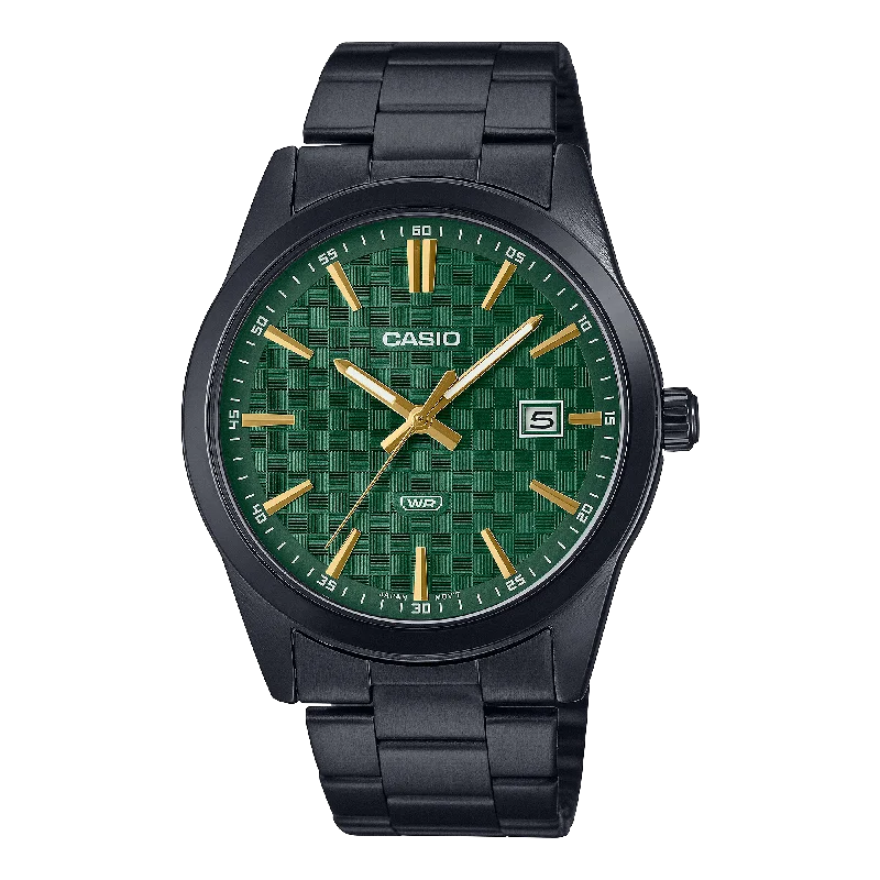 Watches with GMT FunctionCasio Standard Black Stainless Steel Green Dial Watch MTPVD03B-3A