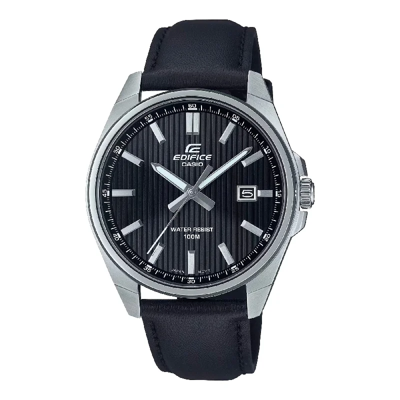 Watches with GMT FunctionCasio Edifice Black Leather Strap Black Dial Watch EFV150L-1A