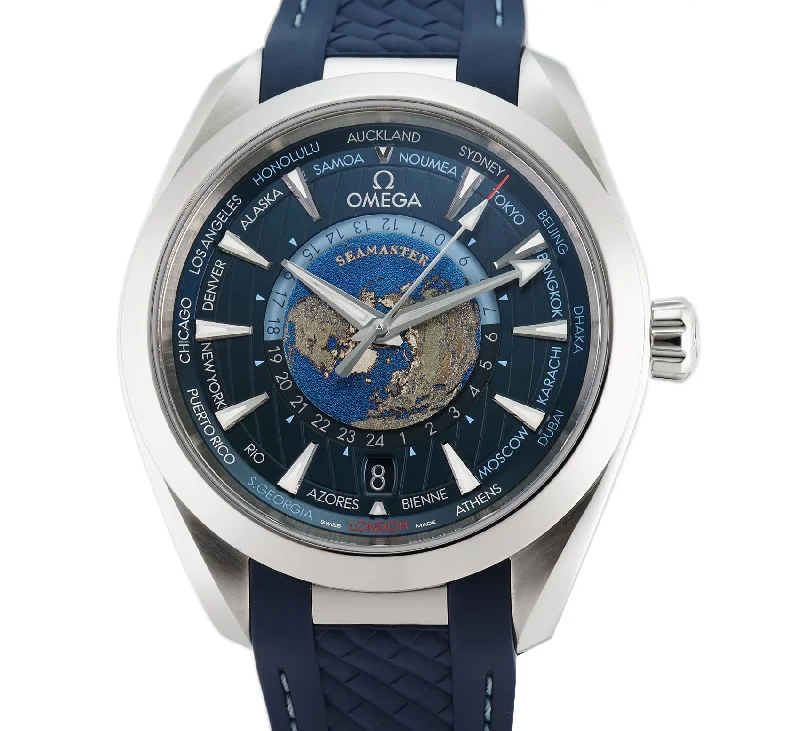 Dressy Watches for Evening Events43mm Aqua Terra 150m Co-Axial Master Chronometer GMT Worldtimer Blue Dial