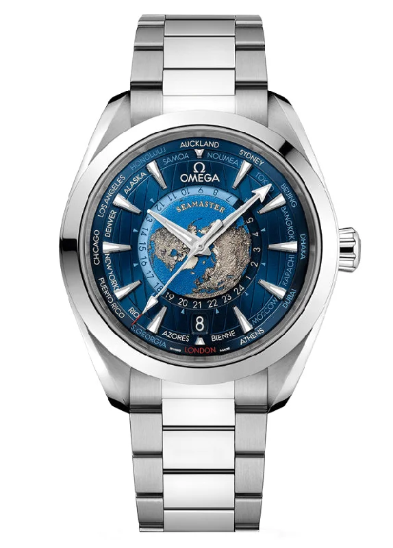 Mechanical Watches with Hand-Winding Mechanism43mm Aqua Terra 150m Co-Axial Master Chronometer GMT Worldtimer xSilver Dial On Bracelet