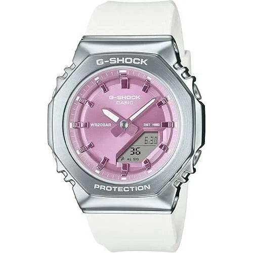 Wristwatches with Second Time Zone FeatureCASIO G-SHOCK METAL COVERED ANALOG DIGITAL WHITE & PURPLE LADIES WATCH GM-S2110-7A6JF