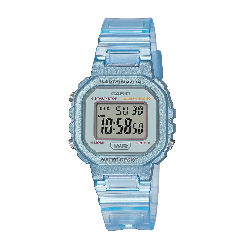 Watches with Engraved Dials for PersonalizationCasio Digital Transparent Blue Resin Strap Ladies Watch | LA-20WHS-2ADF