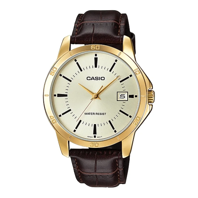 Adjustable Strap Watches for Perfect FitCasio Enticer Golden Dial Leather Men's Watch| MTP-V004GL-9AUDF