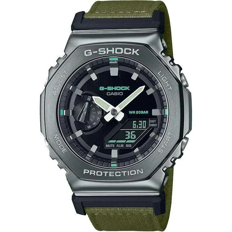 Hybrid Smartwatches with Traditional Watch AestheticsCASIO G-SHOCK WEB-EXCLUSIVE METAL COVERED OLIVE GREEN FABRIC STRAP MEN WATCH GM-2100CB-3AJF