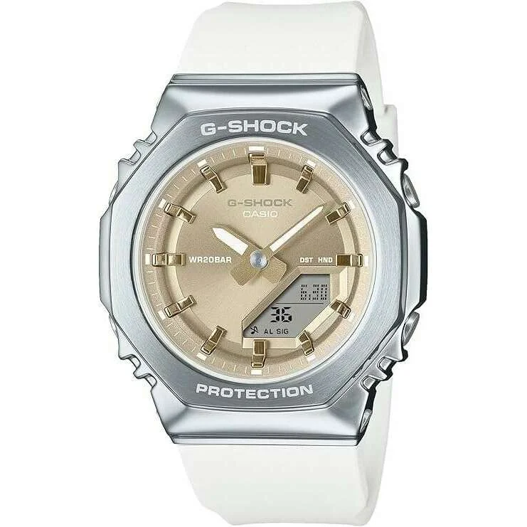 Chronograph Watches for Sports EnthusiastsCASIO G-SHOCK METAL COVERED ANALOG DIGITAL WHITE & BEIGE LADIES WATCH GM-S2110-7A9JF