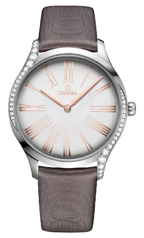 Watches with Braided Straps for a Handmade TouchOmega De Ville Trésor Stainless Steel Silver Dial Gray Fabric Strap Diamonds Quartz Womens Watch 428.17.39.60.02.001