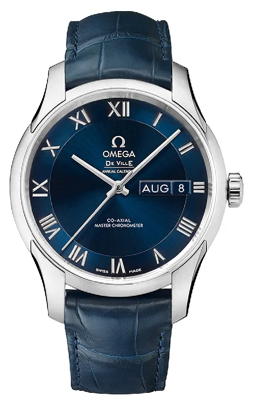 Watches with Power Reserve Indicator (for mechanical)Omega De Ville Hour Vision Automatic Chronometer Stainless Steel Blue Dial Blue Leather Strap Date/Month Mens Watch 433.13.41.22.03.001